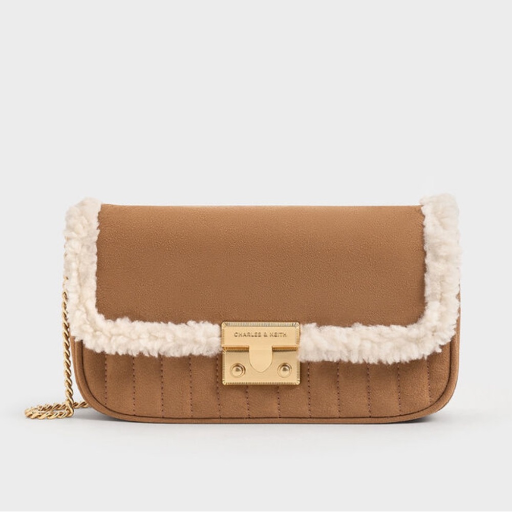 Faux Suede Fur-Trim Cross Body Chain Bag - Tan